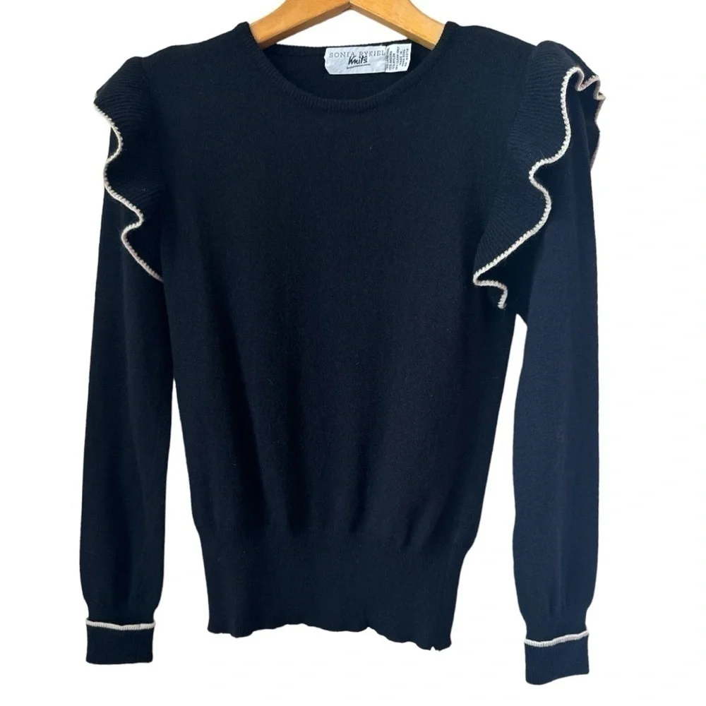 Sonia Rykiel 80s Vintage Ruffled Trim Wool Blend Sweater Size Small